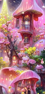 Fantasy village with pink mushrooms and fairy lights.