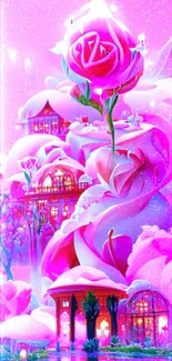 Fantasy wallpaper with pink roses in a magical landscape.