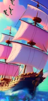 Majestic ship with pink sails on vibrant ocean background.