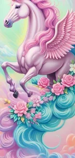 Whimsical pink unicorn with wings and floral accents in a pastel fantasy design.