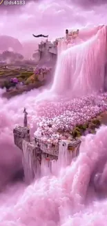 Dreamy pink waterfall fantasy landscape with mystical clouds.