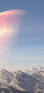 Fantasy landscape with two planets over rocky mountains under a blue sky.