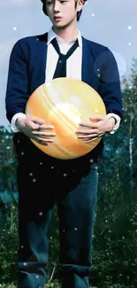 Person holding a glowing planet in a fantasy scene.