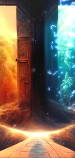 Fantasy portal with dual elements of fire and water, vibrant mobile wallpaper.