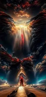 Fantasy portal with dark swirling clouds and vibrant light in the sky.