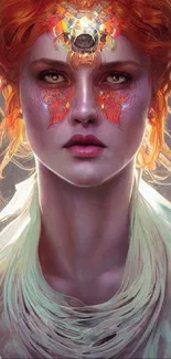 Mystical fantasy woman portrait wallpaper with vivid orange hues and ethereal art.