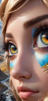 Fantasy character with colorful eyes and striking makeup set in mountains.