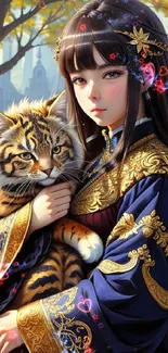 Fantasy woman holding a cat with ornate dress in a tranquil setting.