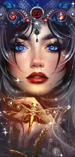 Fantasy portrait with glowing dragonfly, vibrant and mystical design.