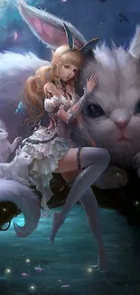 Fantasy princess with a large white cat in a dreamy landscape.