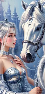 Fantasy princess with white horse in front of a castle, surrounded by blossoms.