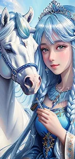 Wallpaper of a fantasy princess and white horse under a bright blue sky.