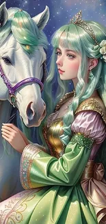 Fantasy art of a princess with a horse under a starry sky.