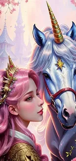 Fantasy wallpaper with a princess and unicorn under blossoming cherry trees.