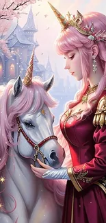 Fantasy princess with unicorn in a mystical, cherry blossom setting.