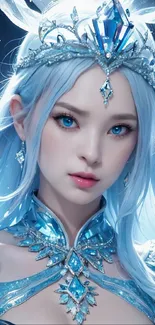 Ethereal fantasy princess with blue hair and a jeweled crown.