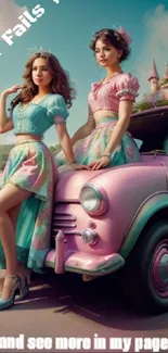 Whimsical princesses with car in dreamy pastel hues.