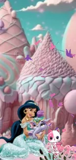 Whimsical cartoon wallpaper with a fantasy princess and pastel colors.