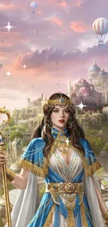 Fantasy princess at castle with scenic sky and landscape.