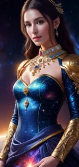 Fantasy princess in a galaxy dress with cosmic background.