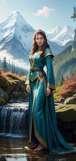 Fantasy princess in teal dress by a waterfall with mountains.