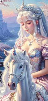 Fantasy princess with unicorn in pastel pink landscape.