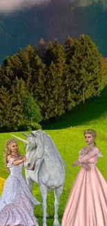 Fantasy scene with two princesses and a unicorn in a vibrant green landscape.