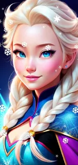 Elegant animated princess with blonde hair and blue eyes in a starry night scene.