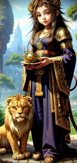 Fantasy princess with lions in a vibrant forest setting, holding an orb.