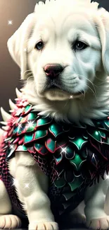 Cute puppy dressed in fantasy dragon armor, surrounded by sparkles.