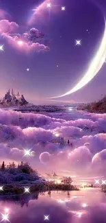 Fantasy landscape with crescent moon and purple sky on mobile wallpaper.