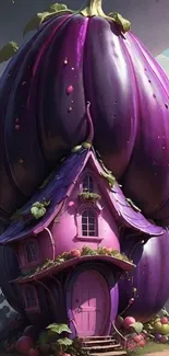 Fantasy house inside a giant purple pumpkin.