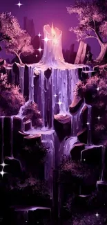 Fantasy wallpaper with purple waterfall and mystical forest