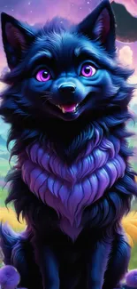 Fantasy wolf with purple hues in a dreamy landscape.