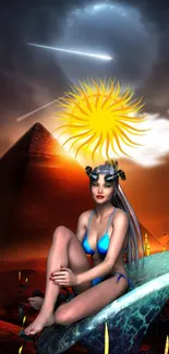 Fantasy pyramid wallpaper with woman and celestial glow.