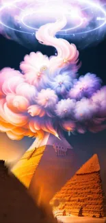 Mystical explosion over pyramids with colorful clouds in a vibrant fantasy artwork.