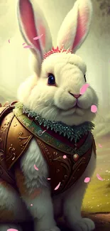 Rabbit in armor with flowers in a mystical forest setting.