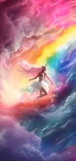 Colorful unicorn art in fantasy sky with rainbow.