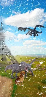 Fantasy scene with rain, dragon, dinosaurs, and Eiffel Tower.