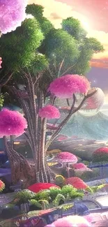 Colorful fantasy landscape with pink trees and vibrant scenery.