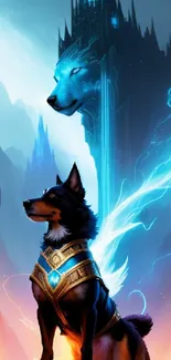 Fantasy wallpaper featuring a guardian dog and ghostly wolf in a mystical landscape.