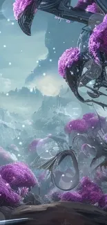 Fantasy landscape with purple flora and alien structures in a misty atmosphere.