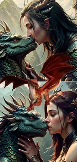 Enchanting fantasy scene with dragons and humans in a mythical landscape.