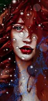 Fantasy digital art of a red-haired woman with bubbles and blue accents.