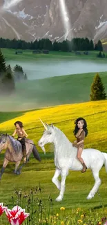 Fantasy riders on unicorn, horse in a sunny meadow with mountains.