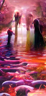 Fantasy river at sunset with orange and purple colors.