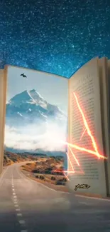 Surreal open book with road leading into a starry sky.