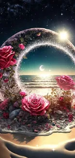 Enchanting fantasy scene with pink roses and a bubble by the beach at night.