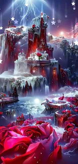 Fantasy castle with roses in a mystical landscape.