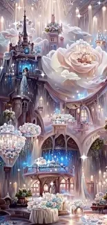 Fantasy castle with roses and chandeliers in pastel tones.